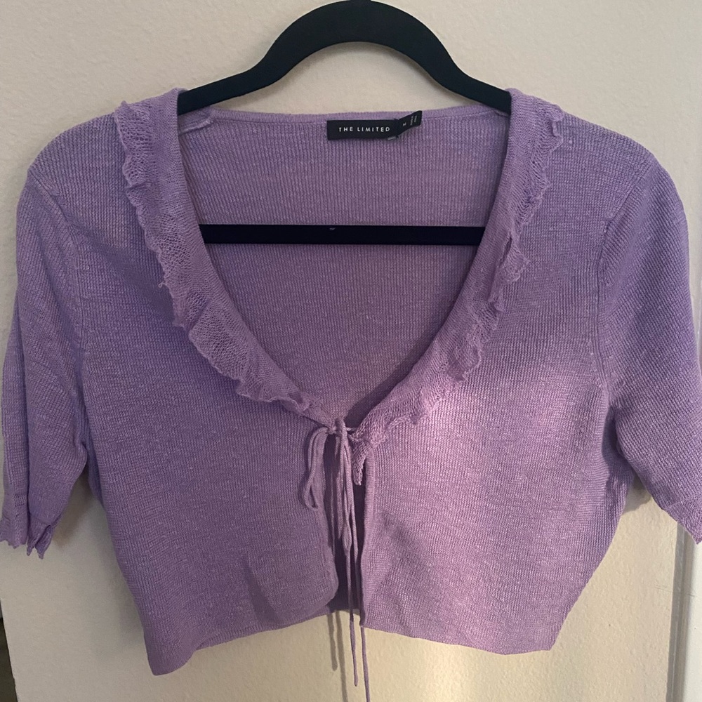 Purple cropped cardigan with ruffles and front tie